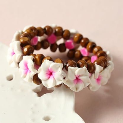 Pingyongchang Boho Hawaiian Plumeria Rubra Bracelets for Women Handmade Colorful Tropical Flower Wooden Beads Stretch Bracelet Summer Beach Holiday Jewelry Gifts - color: Pink White