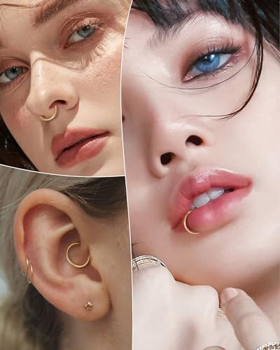 14K Solid Gold Nose Rings, Yellow Gold, 18g/16g/20g | For Women Man, Real Gold, 14Kt, Tiny Seamless Hoop, Nose Piercing, Cartilage Earring, Hypoallergenic - color: HoopA, size: 16g- 9mm