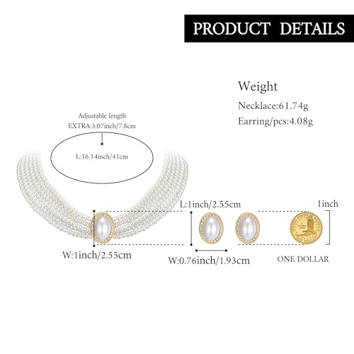 Vintage 1920s Costume Jewelry Multilayer Imitation Pearls Shiny Strand Choker Necklace Large Dangle Earrings for Women Wedding Halloween Cosplay Party Prom Accessories - style: Stud