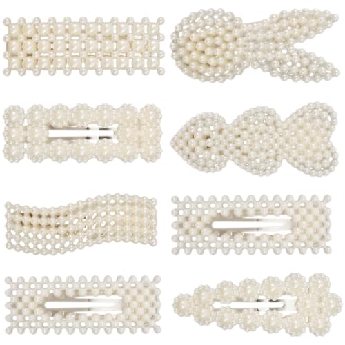 Simulated Pearl Hair Clips for Women | Cute Shapes Barrettes & Hair Clips for Women | Alligator Clips Hair Accessories for Short or Thick Hair | Fashion Hair Clips, White 8 Pcs