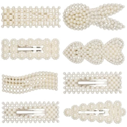 Simulated Pearl Hair Clips for Women | Cute Shapes Barrettes & Hair Clips for Women | Alligator Clips Hair Accessories for Short or Thick Hair | Fashion Hair Clips, White 8 Pcs