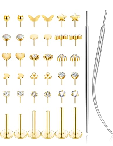 Threadless Push in Nose Studs Rings Stainless Steel Flat Back Earrings Labret Monroe Lip Rings for Women Men Cartilage Helix Conch Tragus Piercing Jewelry 6mm 8mm 10mm Silver Gold Tone - color: Gold, size: 18G(1mm)