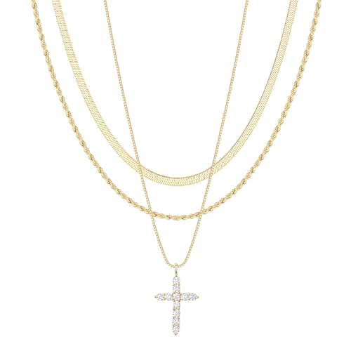 Poxtex Cross Necklace for Women Teen Girls, Dainty 14K Gold Silver Plated Cross Choker Jewelry Non Tarnish Waterproof Cute Simple Small Necklace Christian Baptism Religious Faith Jewelry Gifts - color: 09 Layered cross necklace-gold