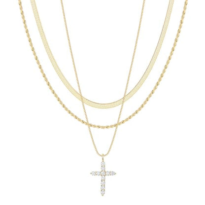 Poxtex Cross Necklace for Women Teen Girls, Dainty 14K Gold Silver Plated Cross Choker Jewelry Non Tarnish Waterproof Cute Simple Small Necklace Christian Baptism Religious Faith Jewelry Gifts - color: 09 Layered cross necklace-gold