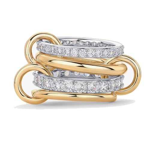 Gold Stackable Rings for Women Non Tarnish, 18k Gold Plated Cubic Zirconia Rings, Silver Multi-Link Connected Knuckle Women Stack Rings Set - color: Gold Silver, size: 6