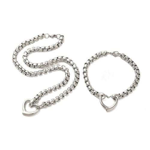 2set Stainless Steel Heart Pendant Necklaces Bracelets Sets for Women Stainless Steel Box Chain Jewelry for Gift, Necklaces: 21.06 inch(535mm) long, Bracelets: 8.94 inch(227mm) long - color: Stainless Steel Color