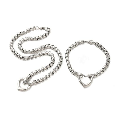 2set Stainless Steel Heart Pendant Necklaces Bracelets Sets for Women Stainless Steel Box Chain Jewelry for Gift, Necklaces: 21.06 inch(535mm) long, Bracelets: 8.94 inch(227mm) long - color: Stainless Steel Color