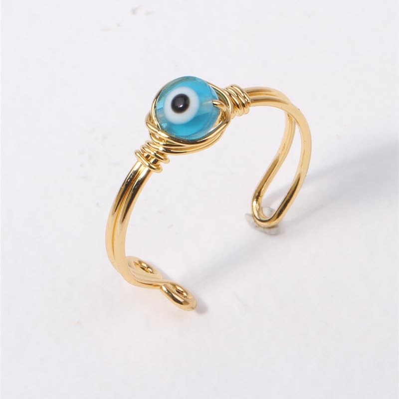 Chakra Crystal Ring Adjustable Gemstone Rings Wire Wrapped Irregular Crystal Ring Gemstone Carnelian Rose Quartz Amethyst Evil Eye Tiger Eyes Crystal Ring for Women - color: Sky Blue Eyes