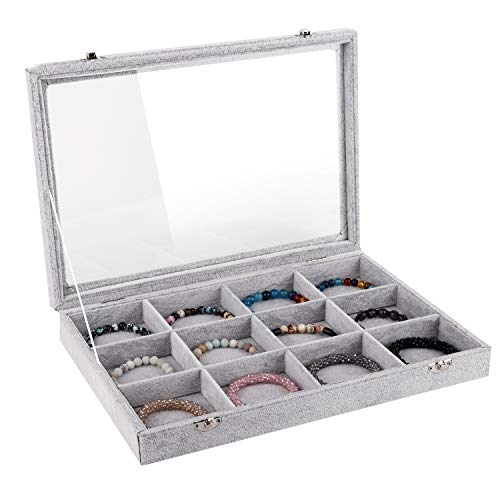 Emibele Jewelry Organizer Bracelet Storage Tray Box, 12 Grids Jewelry Tray with Clear Lid Velvet Jewelry Box for Necklace Bracelets Bangles Display Storage Organizer Box, Grey - style: J2- 12 Grids with Lid