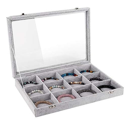 Emibele Jewelry Organizer Bracelet Storage Tray Box, 12 Grids Jewelry Tray | Clear Lid Velvet Jewelry Tray Box for Necklace Bracelets Bangles Watch Display Storage Organizer Box, Grey - style: J2- 12 Grids with Lid