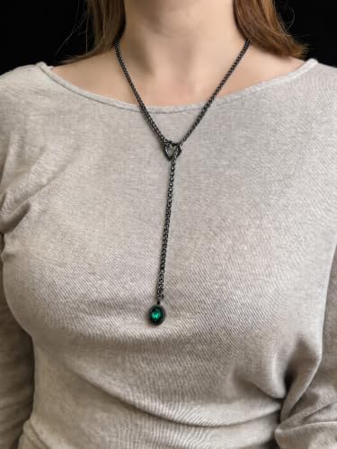 Heart Slip Chain Necklace for Women, Cuban Chain with Removable Heart O-Ring and Crystal Pendant, Adjustable Y Lariat Necklace - color: Black-Green-27