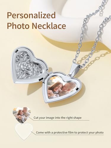 FindChic Locket Necklace for Women Custom Photo Memorial Gifts 4 Colors | Silver/Black/Rose Gold/Gold Plated Personalized for Loved Ones, Birthday Valentine's Day Keepsake - style: 12. Rose Relief (DIY)-Silver