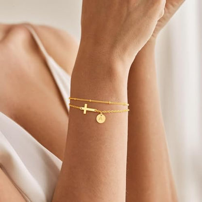 M MOOHAM Initial Cross Bracelet for Women Teen Girl, Baptism Christian Gift | 14K-Gold-Plated Layered Disc Letter Cross Bracelet Jewelry, Baptism Christian Gifts for Women, Confirmation Gifts for Girls - color: B