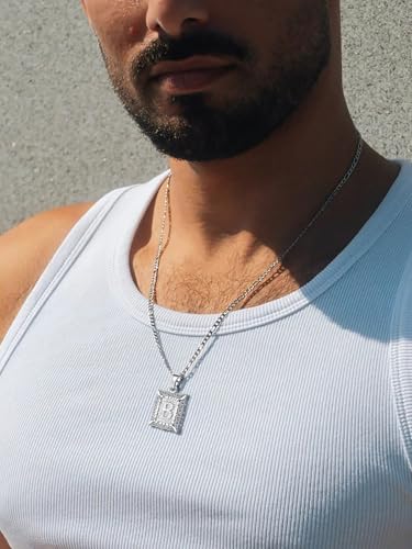 U7 Initial Letter Necklace for Men Women, 14K Gold/Silver Plated Square Capital Monogram Pendant Necklace from A-Z with 22+2 Inch Figaro Chain, Personalized Jewelry for Him - color: Silver, style: B