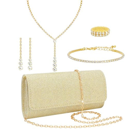 NEWITIN Purse Rhinestone Jewelry Set for Women Prom Jewels Crystal Clutch Purse Necklaces Rings Bracelets Earrings Gold Silver Jewelry Set for Women Bride - color: 6 Pieces Gold