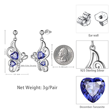 Butterfly Heart Necklace Birthstone Pendant Necklace Earrings Bracelet Women 925 Sterling Silver Animal Butterflies Birthstone Pendant Crystal Birthday Jewelry Wedding Gift - color: L.December-earrings