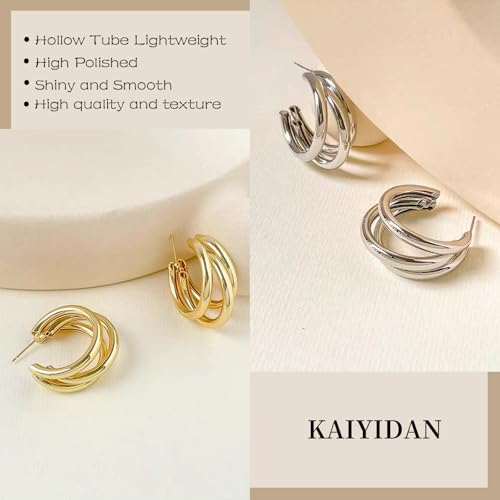 2 Pairs Gold/Silver Hoop Earrings For Women Set Trendy,14K Plated Gold Chunky Huggie Hoop Earings Pack,Oval Twisted Statement Silver Hoops,Fashion Jewelry Gift - color: 10) triple hoop