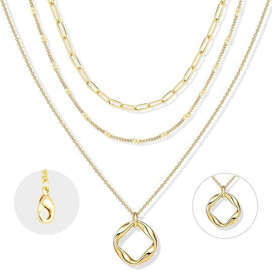 Evabelle Gold Layered Necklace for Women Trendy Jewelry 14K Real Gold Plated Chunky Chain Stackable Necklaces Dainty Choker Necklaces Rectangle Square Pendant - color: Gold Necklace 26
