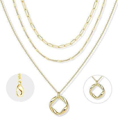 Evabelle Gold Layered Necklace for Women Trendy Jewelry 14K Real Gold Plated Chunky Chain Stackable Necklaces Dainty Choker Necklaces Rectangle Square Pendant - color: Gold Necklace 26