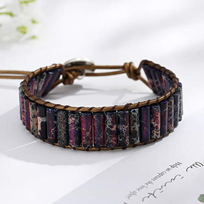 Plumiss Women Boho Handmade Natural Stone Crystal Leather Bead Wrap Bracelets Collection - style: Purple Jasper 1W