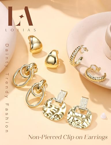 LOLIAS Clip On Earrings for Women 14K Gold Plated Clip Earrings Non Pierced | Hypoallergenic Ears Clips CZ Pearl Knot Twist Chunky Hoop and Studs Earring Set Lightweight Fake Earings Jewelry - style: 10Pairs-14K Gold Plated