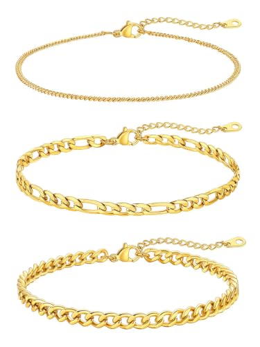 FaithHeart Waterproof Ankle Bracelets for Women, 1/2/3Pcs Non Tarnish Stainless Steel Layered Anklet Set Paperclip Figaro Cuban Link Chain Dainty Summer Beach Jewelry Gift Adjustable Size - style: d.Cuban Mixed 3Pcs - Gold