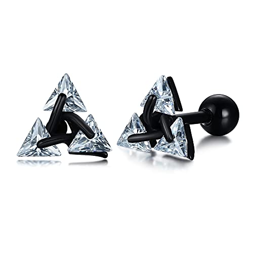 Unisex Geometric Triangle Stud Earrings, Stainless Steel Minimalist Cubic Zirconia Pierced Post Earrings for Men Women - style: Three Zircons-Black