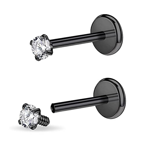PunkTracker 16g/18g Surgical Steel Internal Thread CZ Stud Piercing Jewelry | for Tragus/Nose/Helix/Conch/Medusa/Lip/Labret - Helix Tragus Cartilage Earring for Women Men 2PCS - style: black, 16g, 6mm bar, 2mm gem
