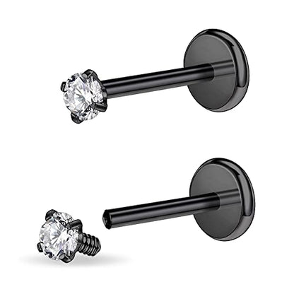 PunkTracker 16g/18g Surgical Steel Internal Thread CZ Stud Piercing Jewelry | for Tragus/Nose/Helix/Conch/Medusa/Lip/Labret - Helix Tragus Cartilage Earring for Women Men 2PCS - style: black, 16g, 6mm bar, 2mm gem