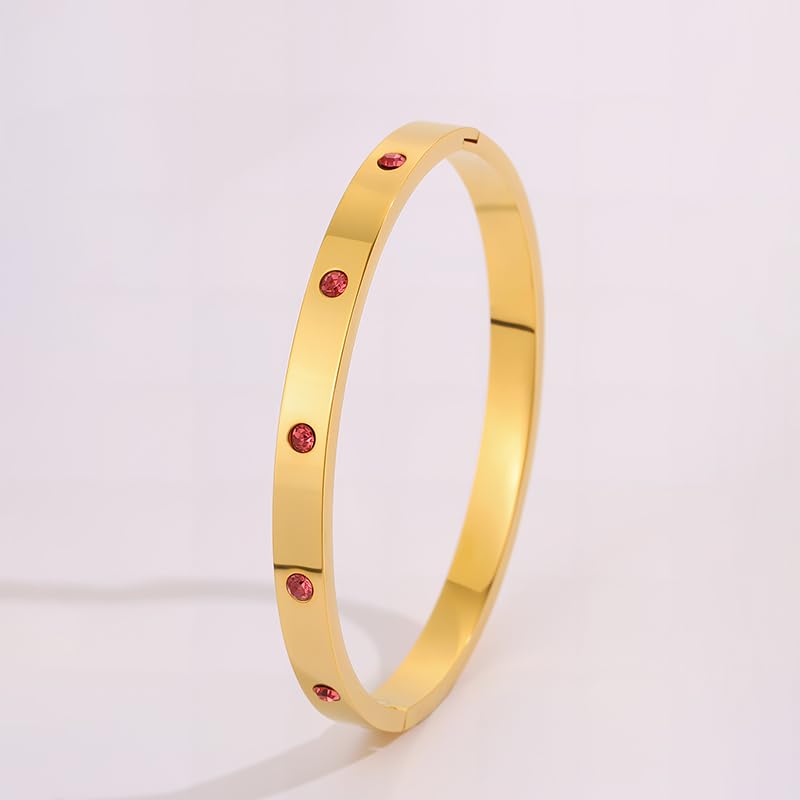 Gold Bangle Bracelet for Women, Stainless Steel Pink Crystal Adjustable Cuff