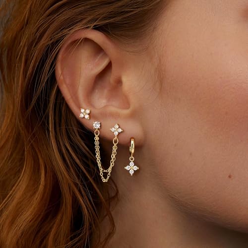 Small Earrings Stack for Women, 3 Pairs Gold Plated Hypoallergenic Dainty Cute Stud Huggie Jacket Set, Fashion Accessories Holiday Birthstone Western Jewelry Gifts - color: 02