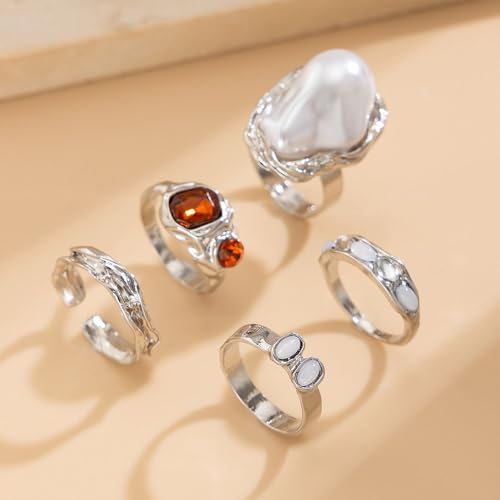 Chunky Baroque Pearl Knuckle Rings Set,Charming Dainty Crystal Pearl Personalized Joint Ring,Vintage Plated Gold Flower Midi Rings Set for Women