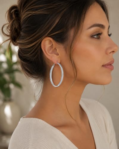 Stainless Steel Inside Out 40mm Hoop Earrings for Women – Sparkling CZ Crystal Hoops, Hypoallergenic, Lightweight, Modern Everyday Earrings – Silver, 18K Gold Plated, & Black Options - color: Silver