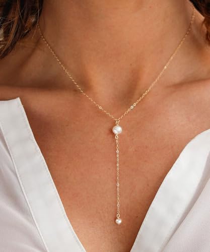 Pearl Necklace for Women, Dainty Pearls Choker Necklace for Women 14K Gold Plated Layered Pendant Necklace Handmade Gold Chain Necklace Everyday Jewelry Gift - color: Y Two Pearls-Gold