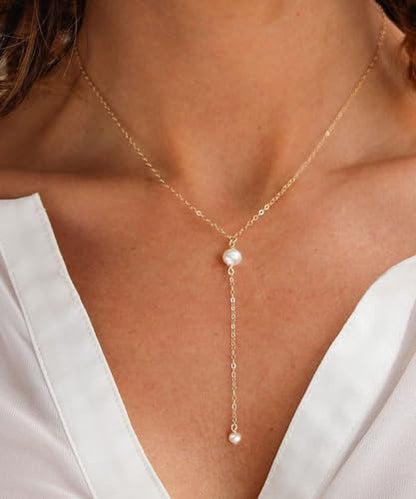 Pearl Necklace for Women, Dainty Pearls Choker Necklace for Women 14K Gold Plated Layered Pendant Necklace Handmade Gold Chain Necklace Everyday Jewelry Gift - color: Y Two Pearls-Gold