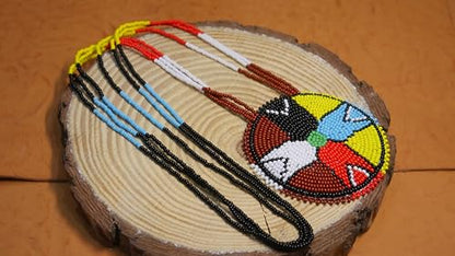Handmade Native American Style Tribal ethnic Seed Bead Beaded Layered Medallion Necklace - color: Brown 4 Direction