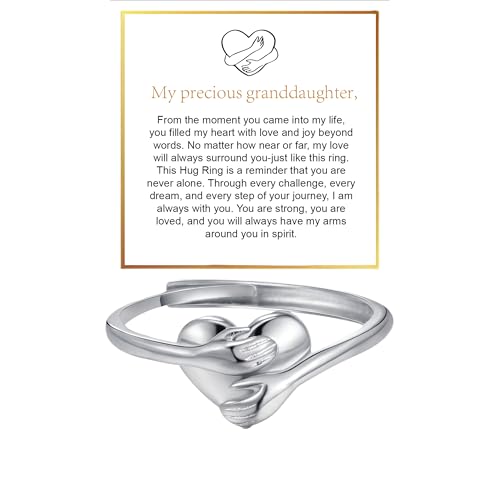 Granddaughter Daughter Hug Ring For Hope Rings, Stainless Steel Inspirational Jewelry Engraved Always With You Love You Forever Message Adjustable Non Tarnish Jewelry Birthday Gift Card - color: Hug Silver Heart