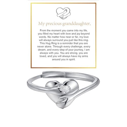 Granddaughter Daughter Hug Ring For Hope Rings, Stainless Steel Inspirational Jewelry Engraved Always With You Love You Forever Message Adjustable Non Tarnish Jewelry Birthday Gift Card - color: Hug Silver Heart