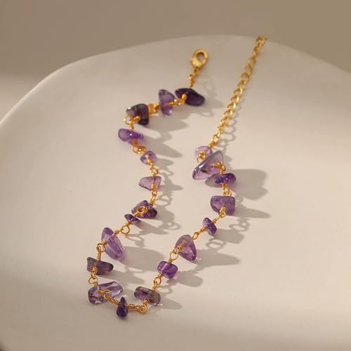 Ankle Bracelets for Women 18K Gold Plated Anklet for Women Gold Charm Anklet Waterproof Summer Beach Foot Chain Jewelry Gifts - style: raw amethyst anklet