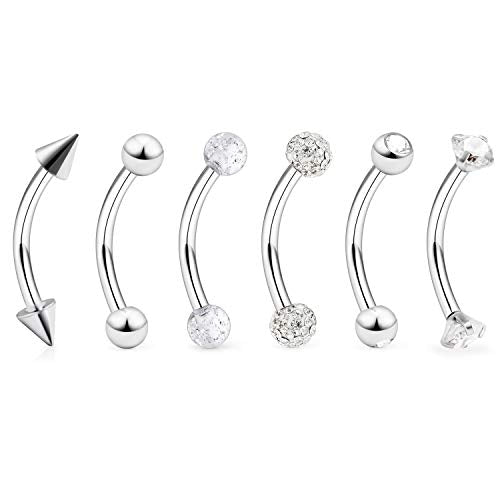6-12 Pcs 16G Stainless Steel Eyebrow Piercing Rings Clear CZ Curved Barbell Helix Daith Piercing Body Jewelry for Women Men - style: 5/16"(8mm) silver-tone