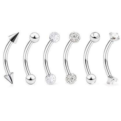 6-12 Pcs 16G Stainless Steel Eyebrow Piercing Rings Clear CZ Curved Barbell Helix Daith Piercing Body Jewelry for Women Men - style: 5/16"(8mm) silver-tone
