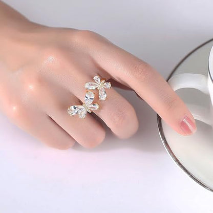 18K Gold Plated Rings for Women and Teen Girls Non Tarnish Cubic Zirconia Fidget Ring Butterfly/Snake/Mesh/Cross/Crown Knuckle Ring Open Adjustable Statement Stacking Chunky Rings - color: Butterfly