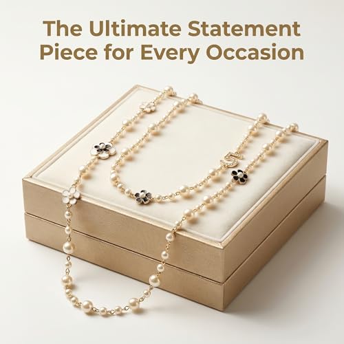 Long Layered Faux Pearl Necklace for Women Floral Sweater Chain | Chic multi-strand accessories decorated with a classic digit 5.