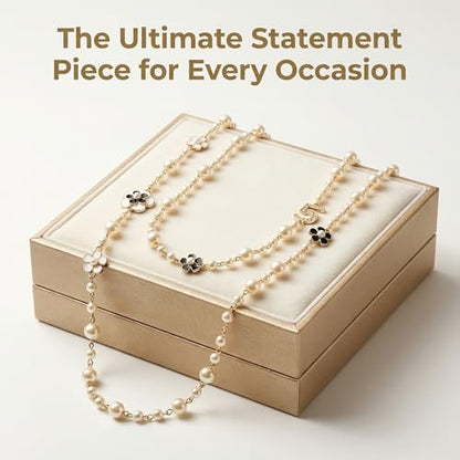 Long Layered Faux Pearl Necklace for Women Floral Sweater Chain | Chic multi-strand accessories decorated with a classic digit 5.