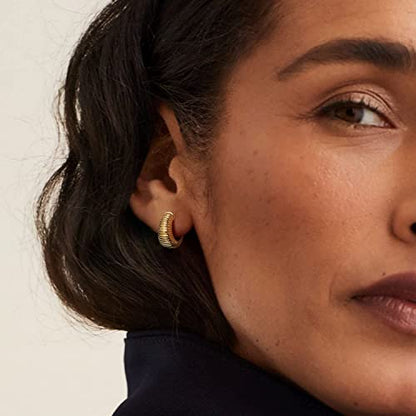 Small Huggie Hoop Earrings For Women, Real Gold Plated Croissant Square Round Earrings Lightweight Everyday Jewelry Hypoallergenic for Sensitive Ears - color: Gold Croissant Hoop