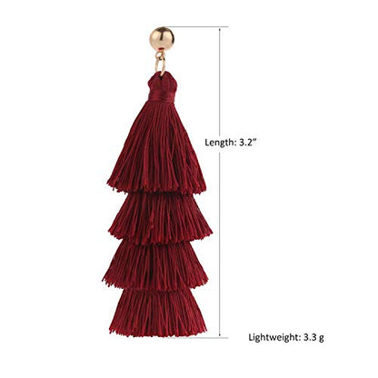 BaubleStar Bohemian Layered Tassel Drop Earrings for Women | Lightweight Statement Party Festival Jewelry - color: Burgundy