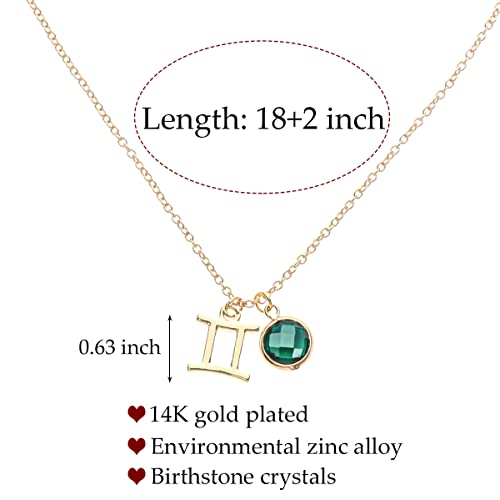 14k Gold Plated Zodiac Birthstone Crystal Pendant Necklace, Horoscope Sign Charm Necklace for Women Birthday Gift - color: Gemini-May
