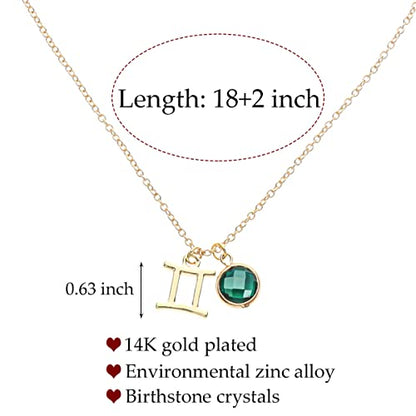 14k Gold Plated Zodiac Birthstone Crystal Pendant Necklace, Horoscope Sign Charm Necklace for Women Birthday Gift - color: Gemini-May