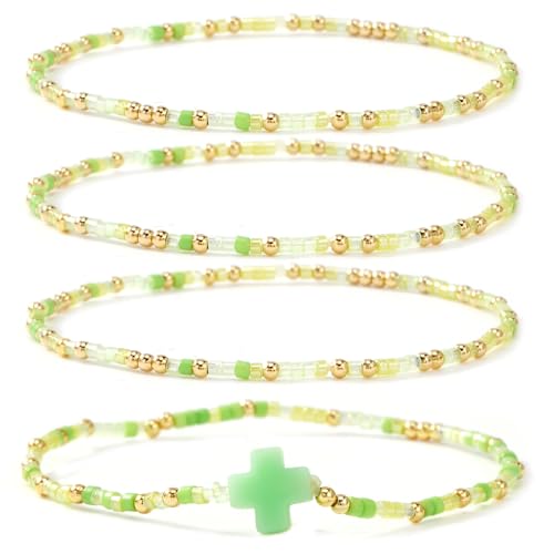 Christian Cross Christmas Stackable Seed Beaded Bracelets for Women, Boho Colorful Healing Stretch Accessories God Christ Pray Faith Amulet Jewelry, Daily Party Holiday Friendship Gift - color: Green