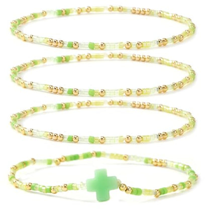 Christian Cross Christmas Stackable Seed Beaded Bracelets for Women, Boho Colorful Healing Stretch Accessories God Christ Pray Faith Amulet Jewelry, Daily Party Holiday Friendship Gift - color: Green